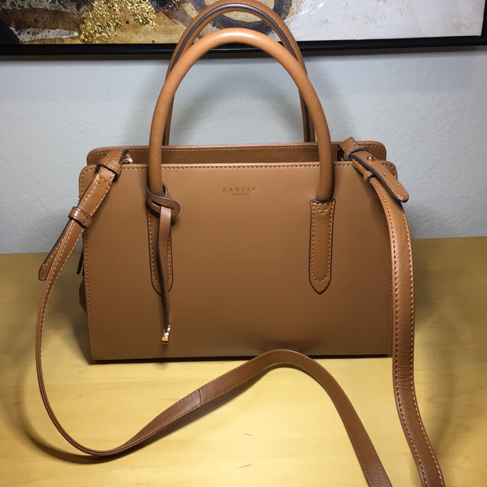 Radley London Liverpool Leather Tan Double Handle Satchel Bag w Crossbody Strap
